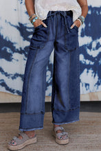 Load image into Gallery viewer, Drawstring Seam Detail Raw Hem Wide Leg Denim Pants
