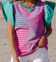 Load image into Gallery viewer, Striped Ruffled Sleeve Crew Neck Blouse
