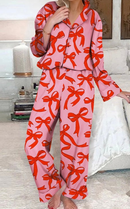 2pcs Bow Print Shirt Style Long Sleeve Pajama Set