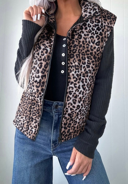 Leopard Quilted Full Zipper Casual Puff Vest