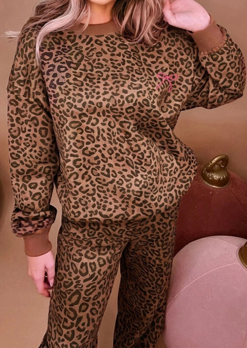 Leopard Print Contrast Trim Long Sleeve Top and Pants Set