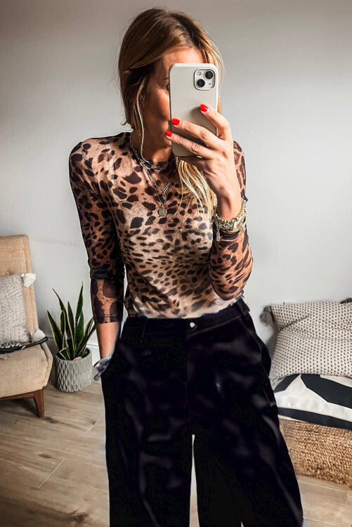 Leopard Round Neck Long Sleeve Slim Top