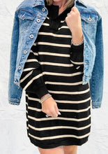 Load image into Gallery viewer, Stripe Polo Collar Puff Sleeve Sweater Mini Dress
