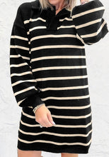Load image into Gallery viewer, Stripe Polo Collar Puff Sleeve Sweater Mini Dress

