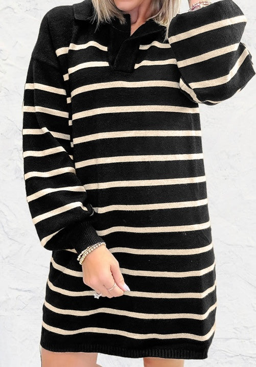 Stripe Polo Collar Puff Sleeve Sweater Mini Dress