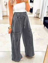 Load image into Gallery viewer, Mineral Wash Lace-up High Waist Raw Hem Patched Pocket Pants
