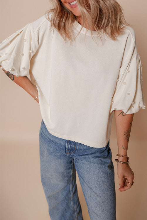 Pearl Puff Sleeve Round Neck Loose Top