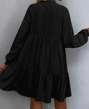 Load image into Gallery viewer, Tie Split Neck Smocked Detail Long Puff Sleeve Ruffle Hem Loose Dress
