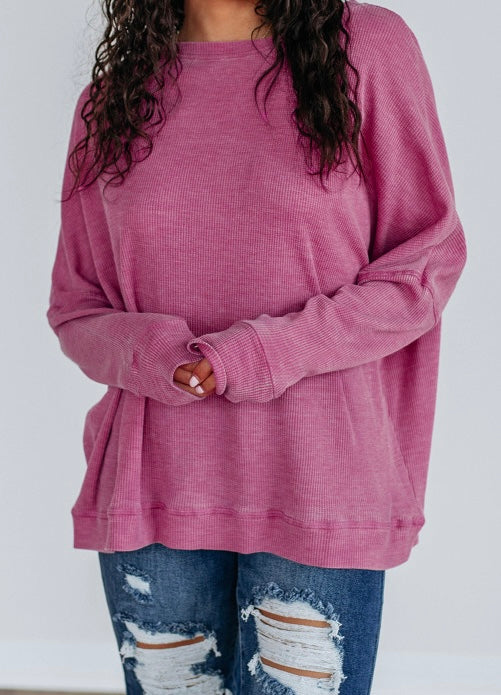 Waffle Knit Patchwork Long Sleeve Loose Top