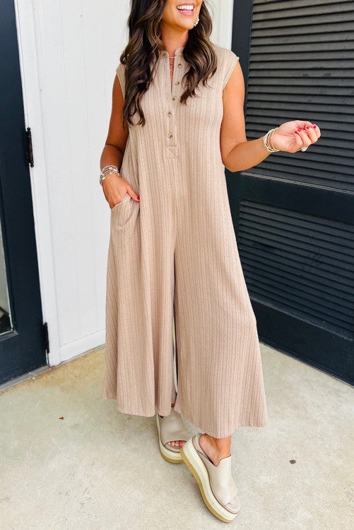 Textured Buttoned Wide Leg Sleeveless Jumpsuit