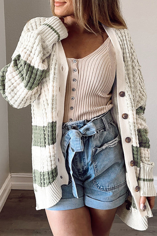 Colorblock Textured Knit Buttoned Cardigan