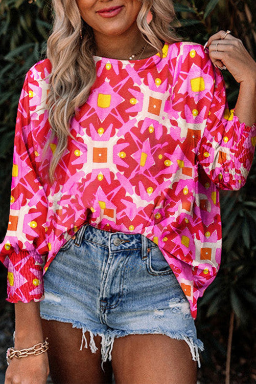 INSTOCK MEDIUM Strawberry Pink Geometric Print Shirred Cuff 3/4 Sleeve Loose Blouse