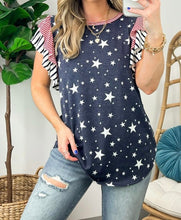 Load image into Gallery viewer, Striped Ruffled Sleeve Star Print T Shirt
