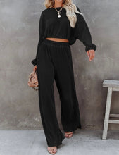 Load image into Gallery viewer, Black Corded Cropped Pullover and Wide Leg Pants Set
