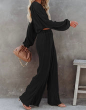 Load image into Gallery viewer, Black Corded Cropped Pullover and Wide Leg Pants Set
