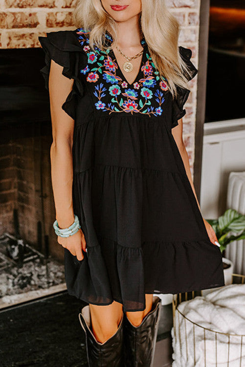 Floral Embroidered Tiered Ruffled Mini Dress