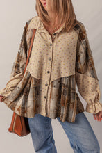 Load image into Gallery viewer, Boho Floral Plaid Patchwork Distressed Detail Ruffled Sleeve Waffle Knit Shacket
