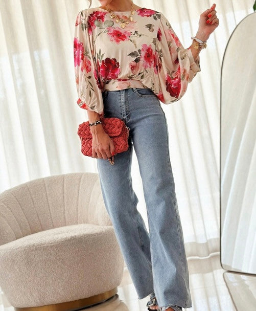 Floral 3/4 Sleeve Lace-up Back Blouse