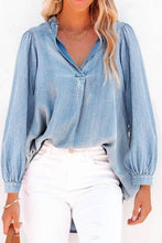 Load image into Gallery viewer, V-Neck Balloon Sleeve Ruched Denim Top
