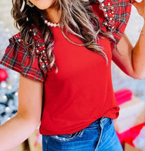 Load image into Gallery viewer, Plaid Pearl Ruffle Short Sleeve Loose T Shirt
