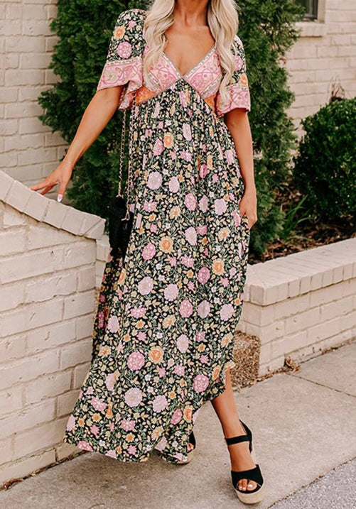 Black Boho Floral Patchwork V Neck Short Sleeve Maxi Dress