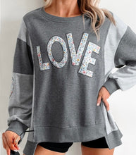 Load image into Gallery viewer, LOVE Graphic Exposed Seam Patchwork Uneven Hem Chic Sweatshirt

