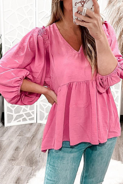 Pink Frilled V Neck Puff Sleeve Babydoll Blouse