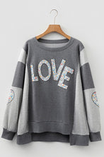 Load image into Gallery viewer, LOVE Graphic Exposed Seam Patchwork Uneven Hem Chic Sweatshirt
