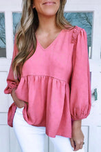 Load image into Gallery viewer, Pink Frilled V Neck Puff Sleeve Babydoll Blouse
