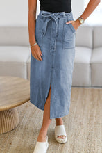 Load image into Gallery viewer, Belted High Waist Midi Denim Skirt
