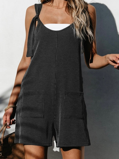 Textured Knotted Straps Pocketed Romper