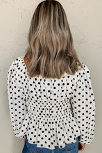 Load image into Gallery viewer, Polka Dot Puff Sleeve Bow Square Neck Peplum Top
