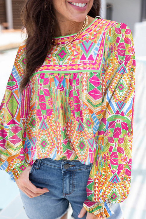 Geometric Print Long Sleeve Keyhole Back Blouse