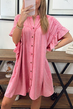 Load image into Gallery viewer, Pink Ruffled Short Sleeve Buttoned Denim Mini Dress
