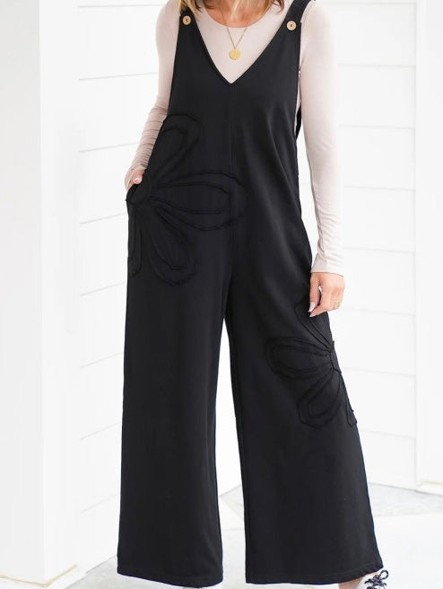 Raw Seam Big Flower Patched Loose Overall Jumpsuit