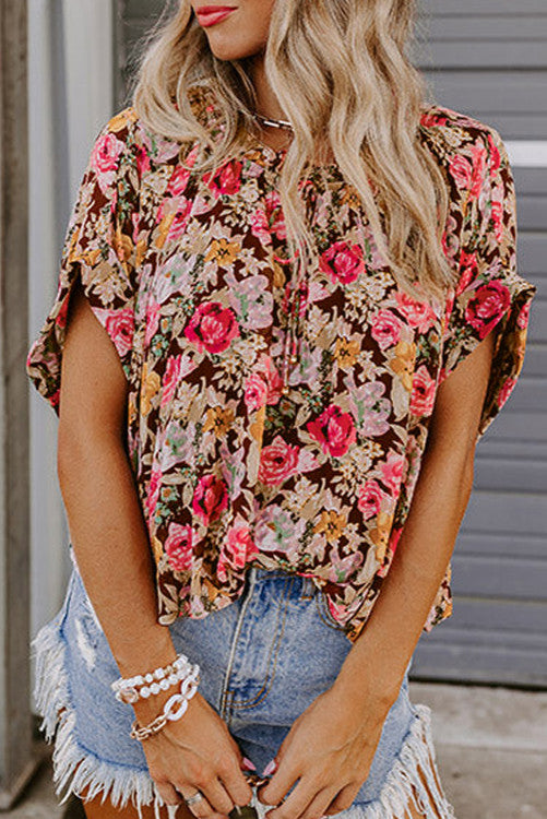 Floral Print Crew Neck Short Sleeve Shift Blouse