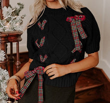 Load image into Gallery viewer, Plaid Lace up Detail Christmas Holiday Puff Short Sleeve Sweater
