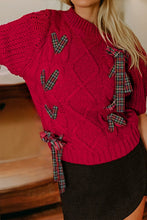 Load image into Gallery viewer, Plaid Lace up Detail Christmas Holiday Puff Short Sleeve Sweater
