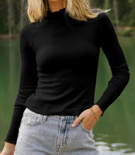 Load image into Gallery viewer, Ribbed Knit Lettuce Trim High Neck Long Sleeve Top
