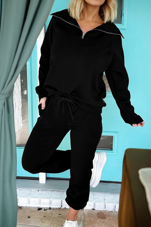 Zip Collar Long Sleeve Top Drawstring Pants Set