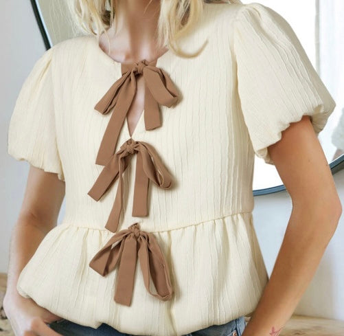 Textured Bow Tie Front Bubble Hem Puff Short Sleeve Blouse