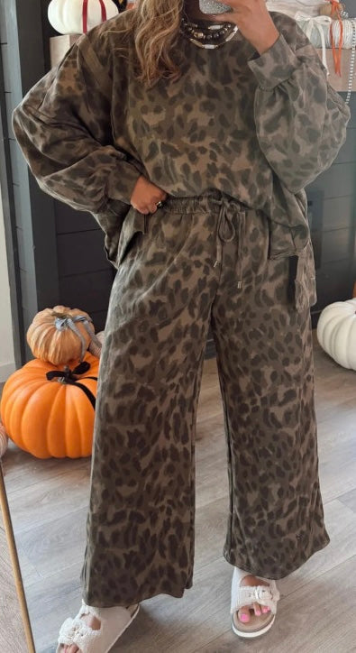 Leopard Print Raw Seam Patchwork Pullover Drawstring Loose Pant Set