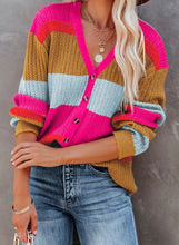 Load image into Gallery viewer, Rose Color Block Knitted Buttoned V Neck Sweater
