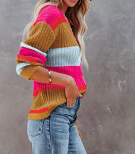 Load image into Gallery viewer, Rose Color Block Knitted Buttoned V Neck Sweater

