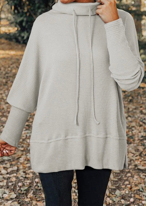 Textured Knit Drawstring Cowl Neck Oversize Top with Side Slits