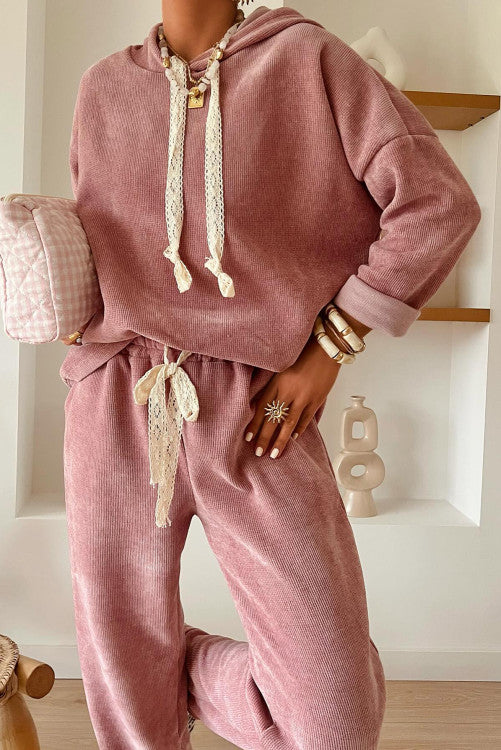 Drawstring Pullover Hoodie and High Waist Pants Corded Set