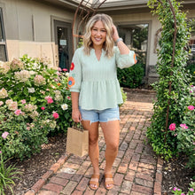 Load image into Gallery viewer, Stripe Flower Puff Sleeve Notched V Neck Babydoll Blouse
