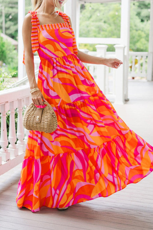 Abstract Print Knotted Shoulder High Waist Maxi Dress