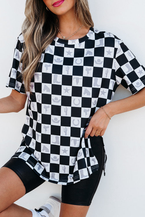 Western Fashion Checkerboard Print Side Split T Shirt