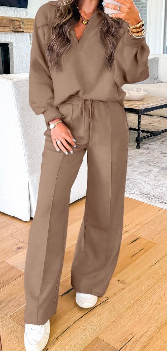 Polo Collar V Neck Pullover and Drawstring Sweatpants Set